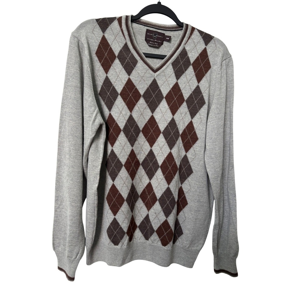 Black Brown 1826 Mens Grey Argyle VNeck 100% Italian Merino Wool Sweater M Italy